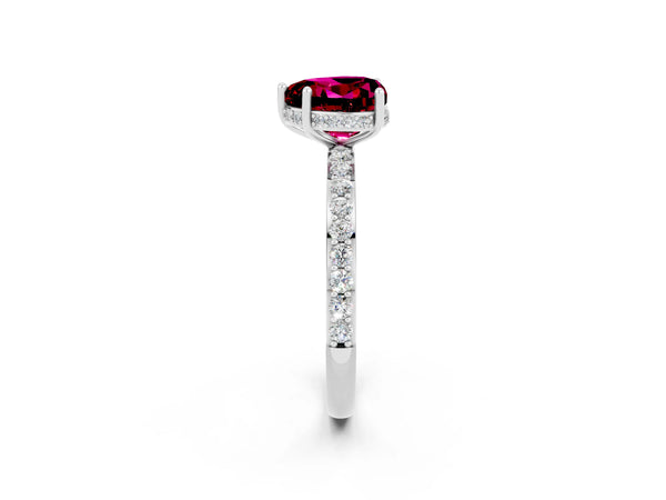 White gold Heart Cut Garnet Solitaire Ring with Pavé Band and Hidden Halo