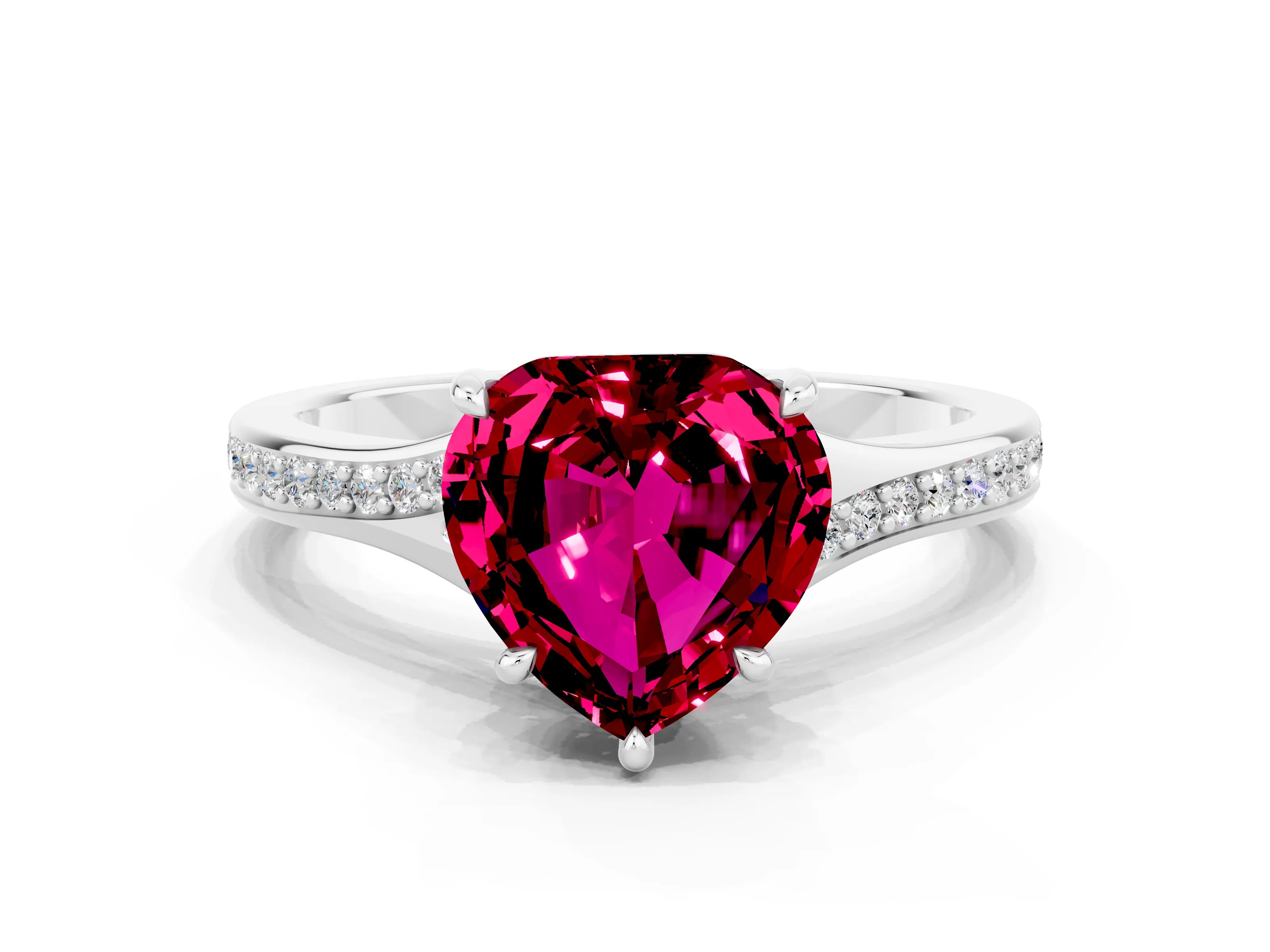 White gold Heart Cut Garnet Solitaire Ring with Pavé Band and Prong Setting