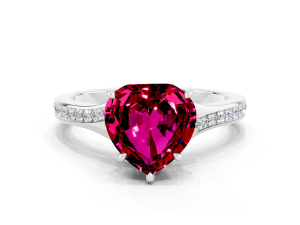 Platinum Heart Cut Garnet Solitaire Ring with Pavé Band and Prong Setting