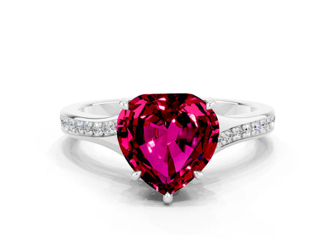 White gold Heart Cut Garnet Solitaire Ring with Pavé Band and Prong Setting