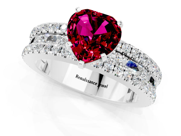 Platinum Heart Cut Garnet Solitaire Ring with Pavé and Channel Set Band