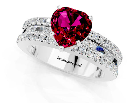 White gold Heart Cut Garnet Solitaire Ring with Pavé and Channel Set Band_1