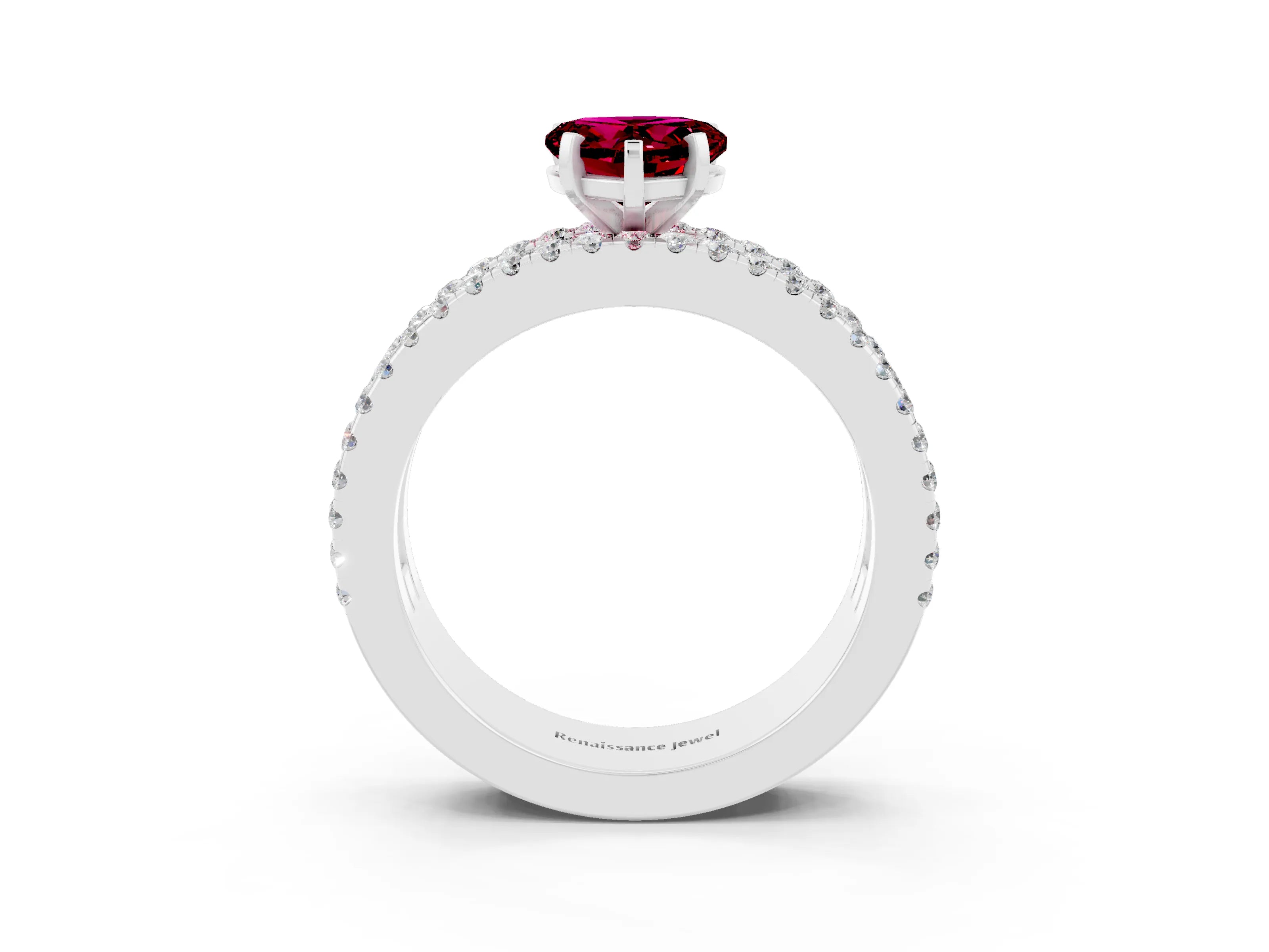 White gold Heart Cut Garnet Solitaire Ring with Pavé and Channel Set Band_3