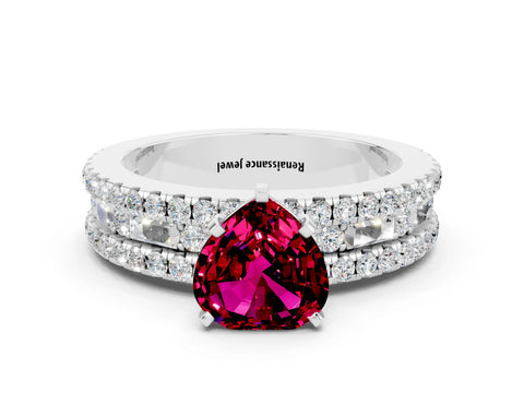 White gold Heart Cut Garnet Solitaire Ring with Pavé and Channel Set Band