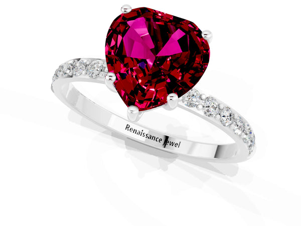 White gold Heart Cut Garnet Solitaire Ring with Round  Pavé Band and Prong Setting