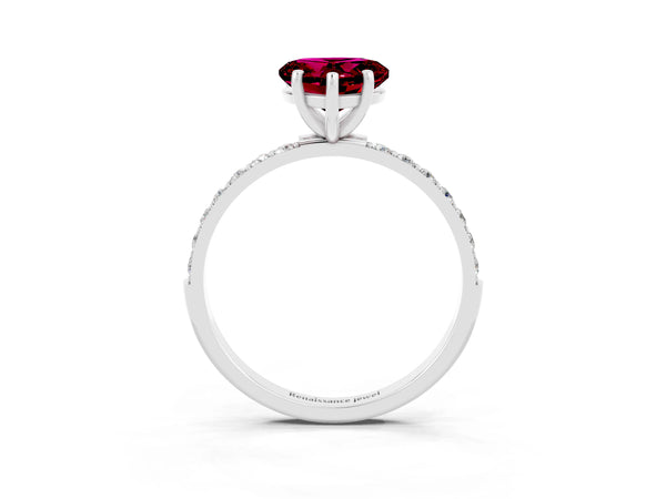 Silver Heart Cut Garnet Solitaire Ring with Round  Pavé Band and Prong Setting