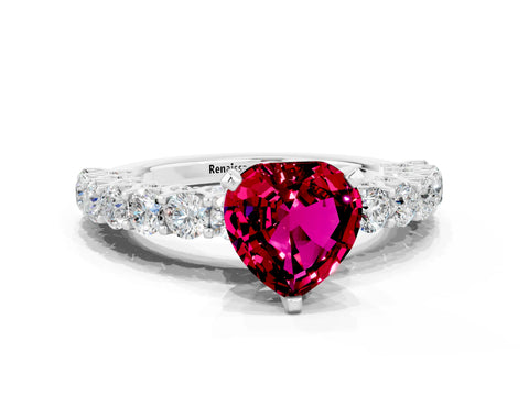 White gold Heart Cut Garnet Solitaire Ring with Shared Prong Pavé Band and Four-Prong Setting_12