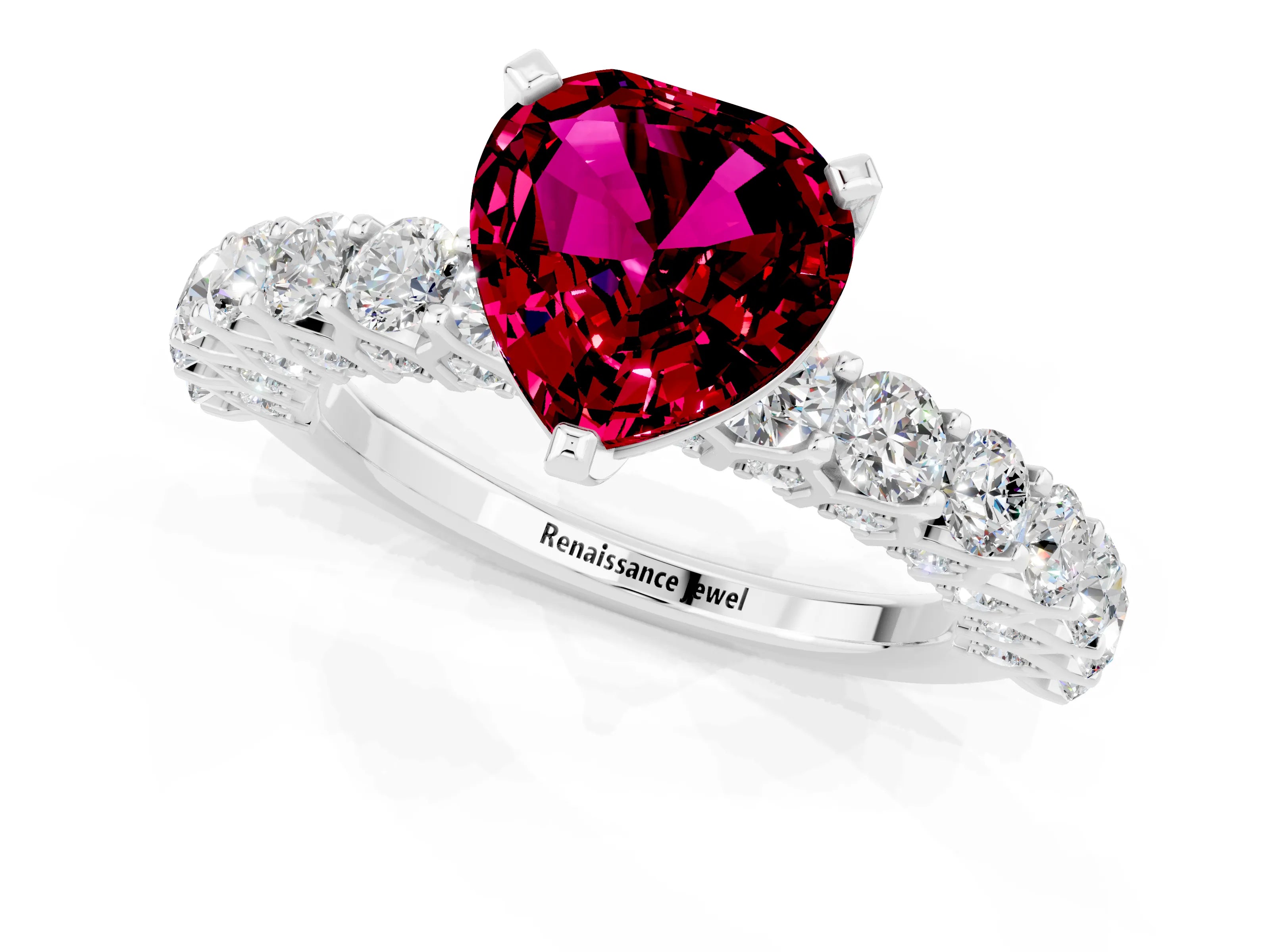White gold Heart Cut Garnet Solitaire Ring with Shared Prong Pavé Band and Four-Prong Setting_13