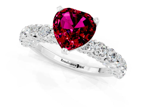 White gold Heart Cut Garnet Solitaire Ring with Shared Prong Pavé Band and Four-Prong Setting_13