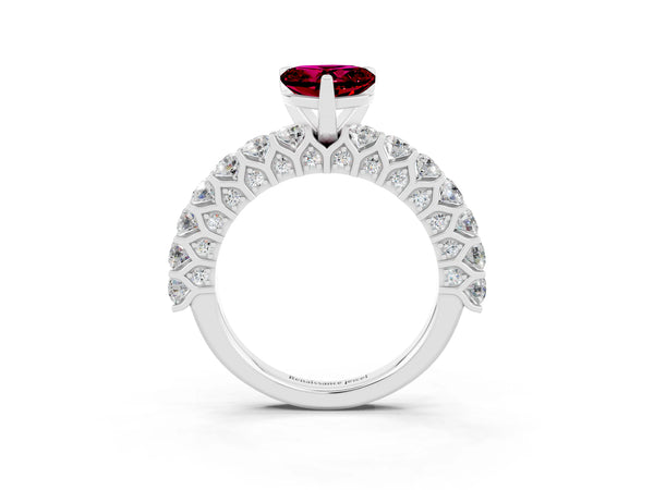 White gold Heart Cut Garnet Solitaire Ring with Shared Prong Pavé Band and Four-Prong Setting