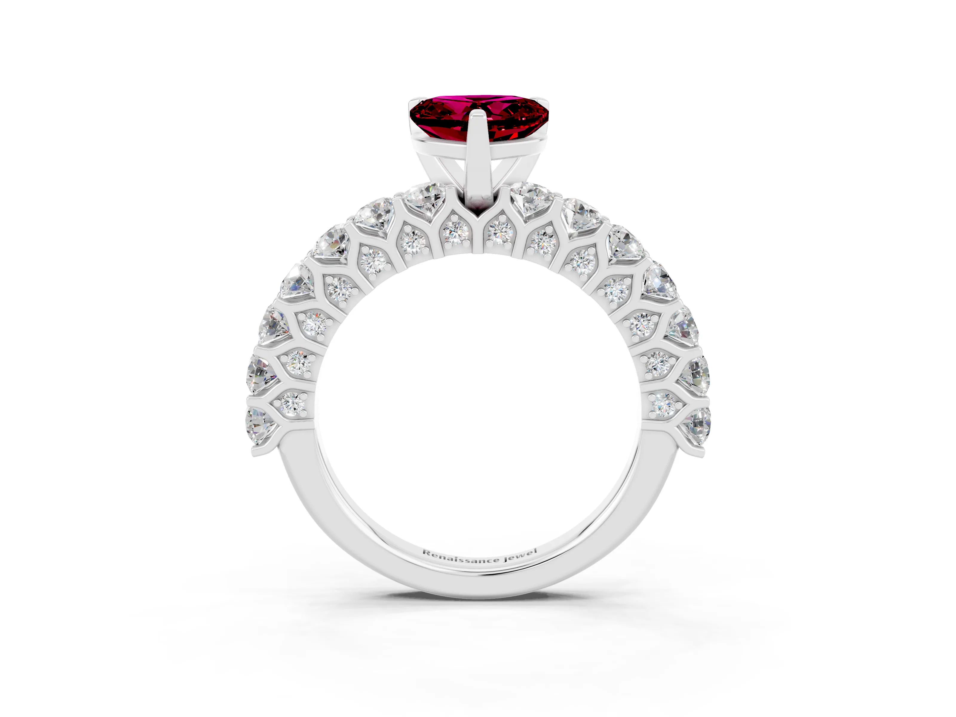 White gold Heart Cut Garnet Solitaire Ring with Shared Prong Pavé Band and Four-Prong Setting_15