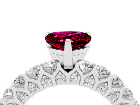 White gold Heart Cut Garnet Solitaire Ring with Shared Prong Pavé Band and Four-Prong Setting_16
