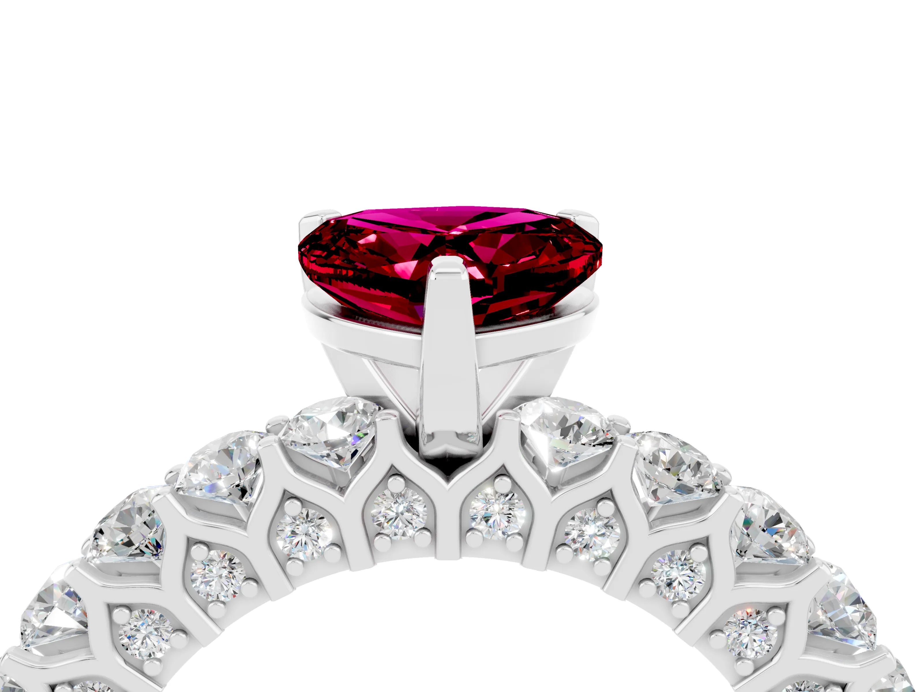 White gold Heart Cut Garnet Solitaire Ring with Shared Prong Pavé Band and Four-Prong Setting_4