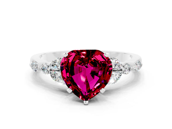 Platinum Heart Cut Garnet Solitaire Ring with Side Stones and Four-Prong Setting