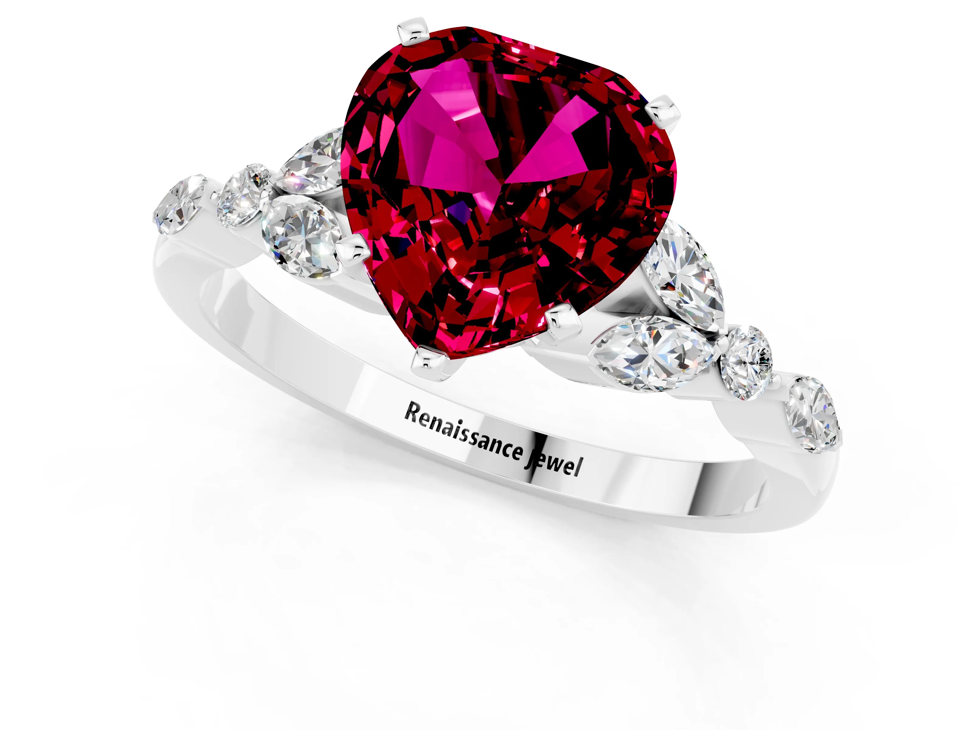 White gold Heart Cut Garnet Solitaire Ring with Side Stones and Four-Prong Setting_34