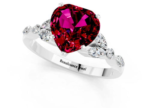 White gold Heart Cut Garnet Solitaire Ring with Side Stones and Four-Prong Setting_34