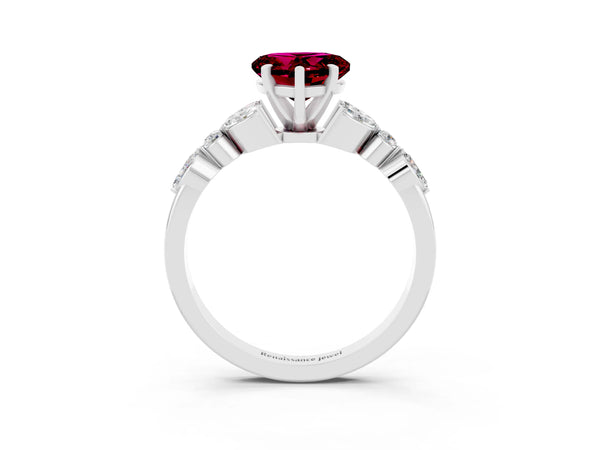 Platinum Heart Cut Garnet Solitaire Ring with Side Stones and Four-Prong Setting