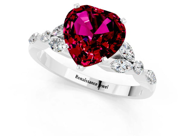 White gold Heart Cut Garnet Solitaire Ring with Side Stones and Four-Prong Setting