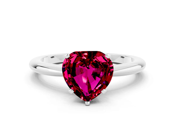 Platinum Heart Cut Garnet Solitaire Ring with Six-Prong Setting and Classic Band