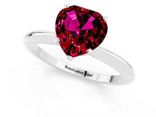 Platinum Heart Cut Garnet Solitaire Ring with Six-Prong Setting and Classic Band