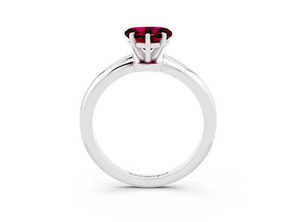 Platinum Heart Cut Garnet Solitaire Ring with Six-Prong Setting and Classic Band