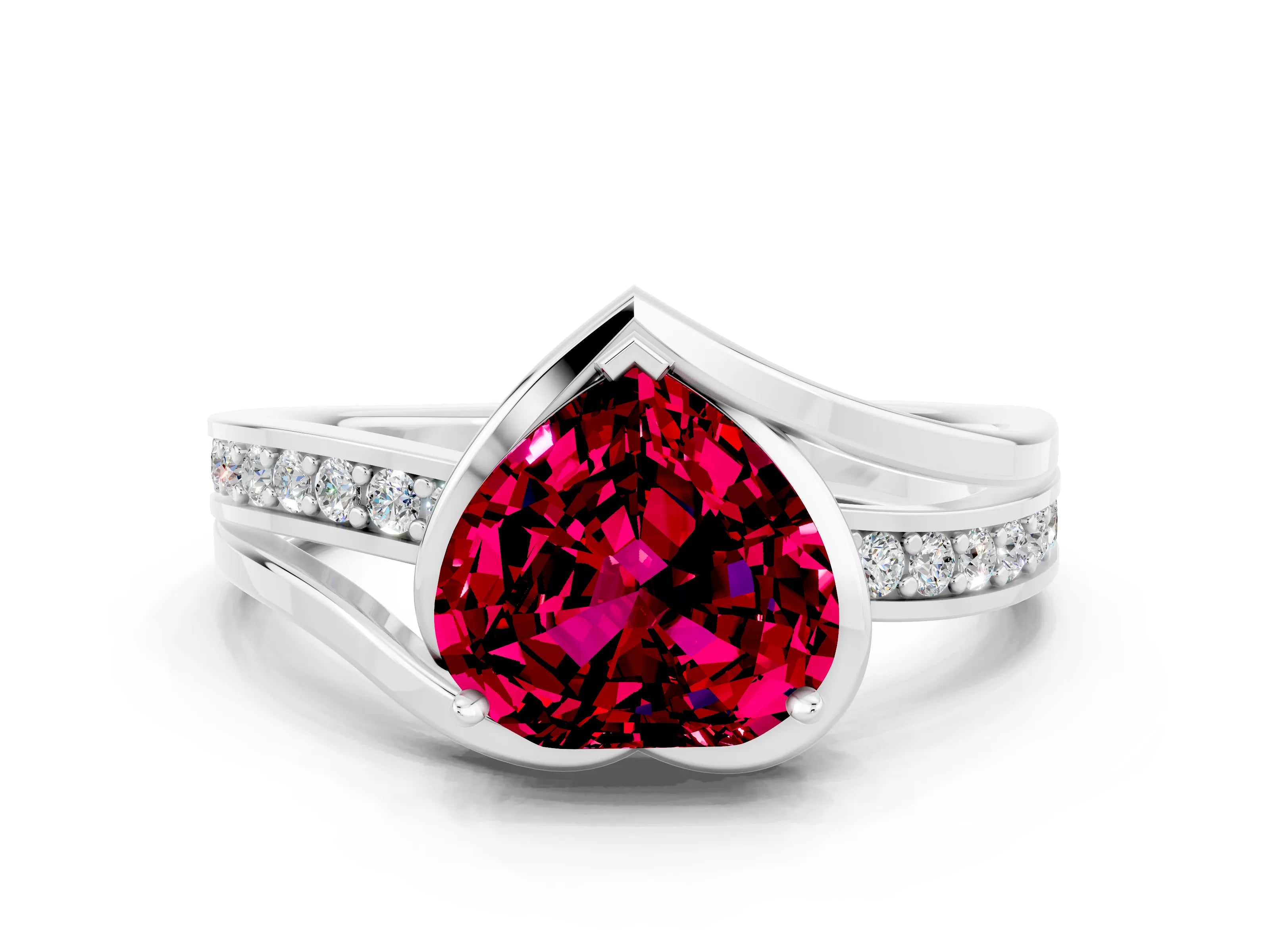 White gold Heart Cut Garnet Solitaire Ring with Split Shank and Prong Setting
