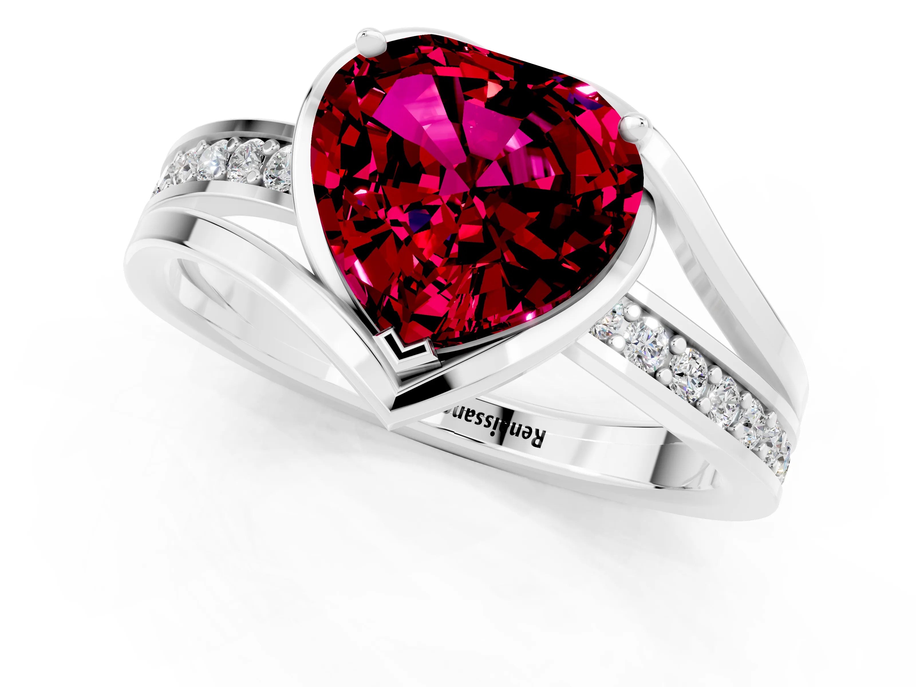 White gold Heart Cut Garnet Solitaire Ring with Split Shank and Prong Setting_1