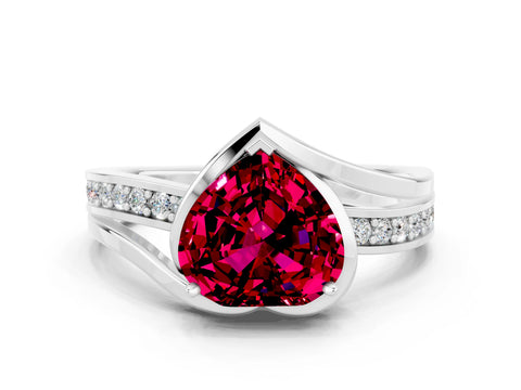 White gold Heart Cut Garnet Solitaire Ring with Split Shank and Prong Setting