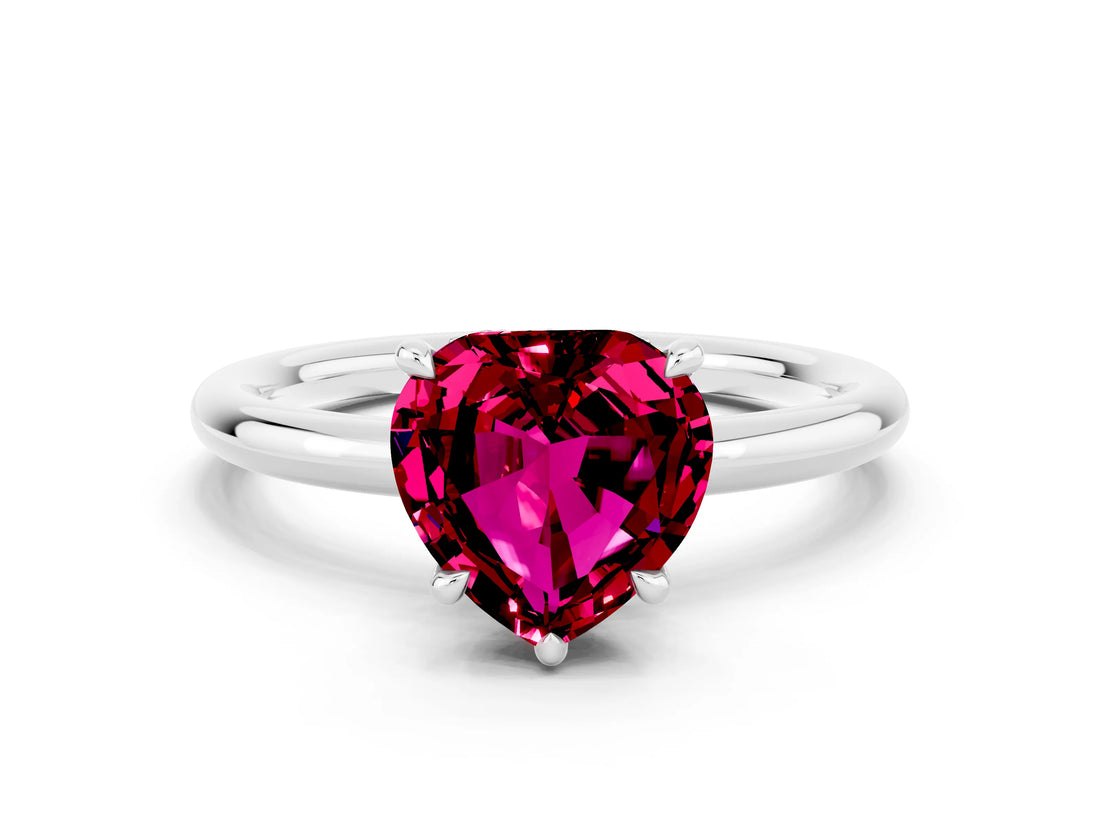 White gold Heart Cut Garnet Solitaire Ring with Thin Band and Four-Prong Setting