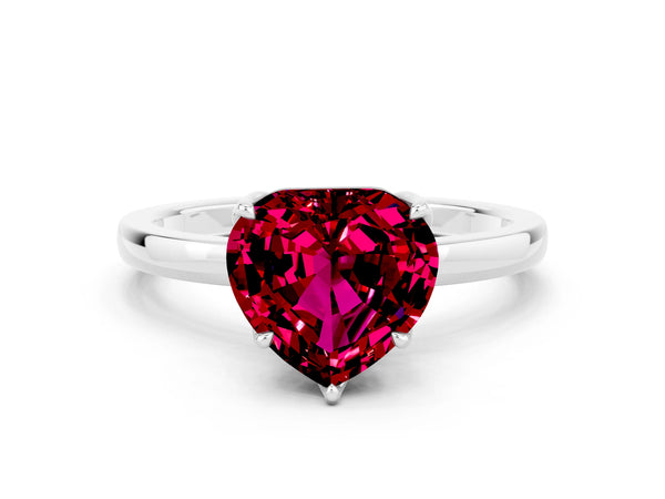 Platinum Heart Cut Garnet Solitaire Ring with Thin Band and Prong Setting