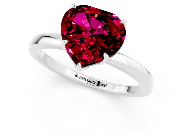 Silver Heart Cut Garnet Solitaire Ring with Thin Band and Prong Setting