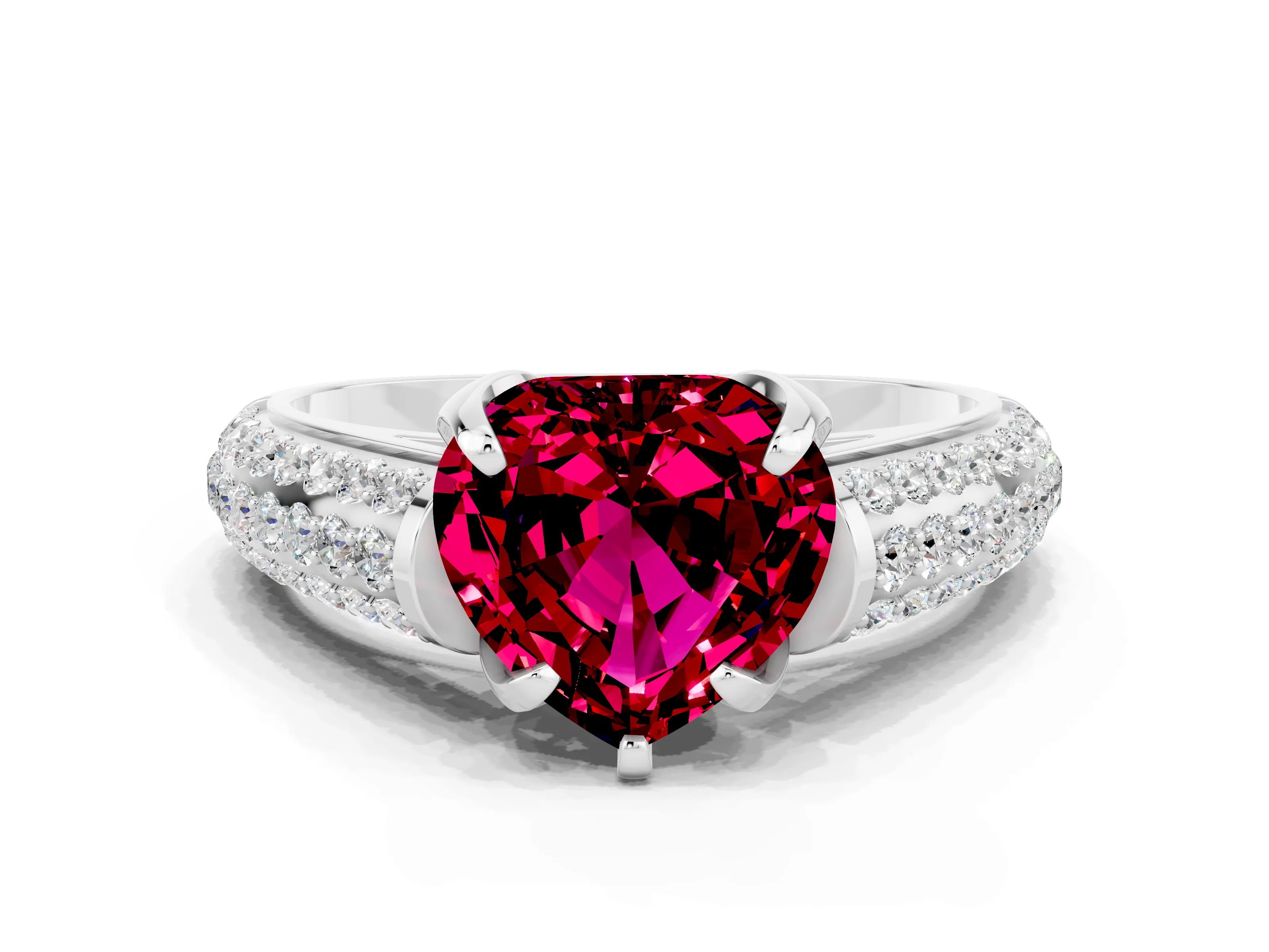 White gold Heart Cut Garnet Solitaire Ring with Three-Row Pavé Band and Four-Prong Setting_12