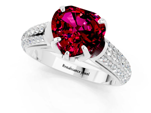 White gold Heart Cut Garnet Solitaire Ring with Three-Row Pavé Band and Four-Prong Setting