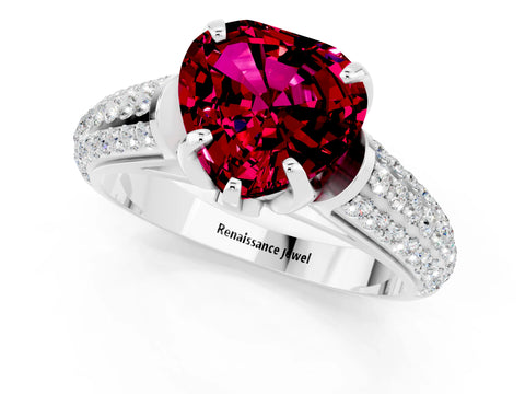 White gold Heart Cut Garnet Solitaire Ring with Three-Row Pavé Band and Four-Prong Setting_13