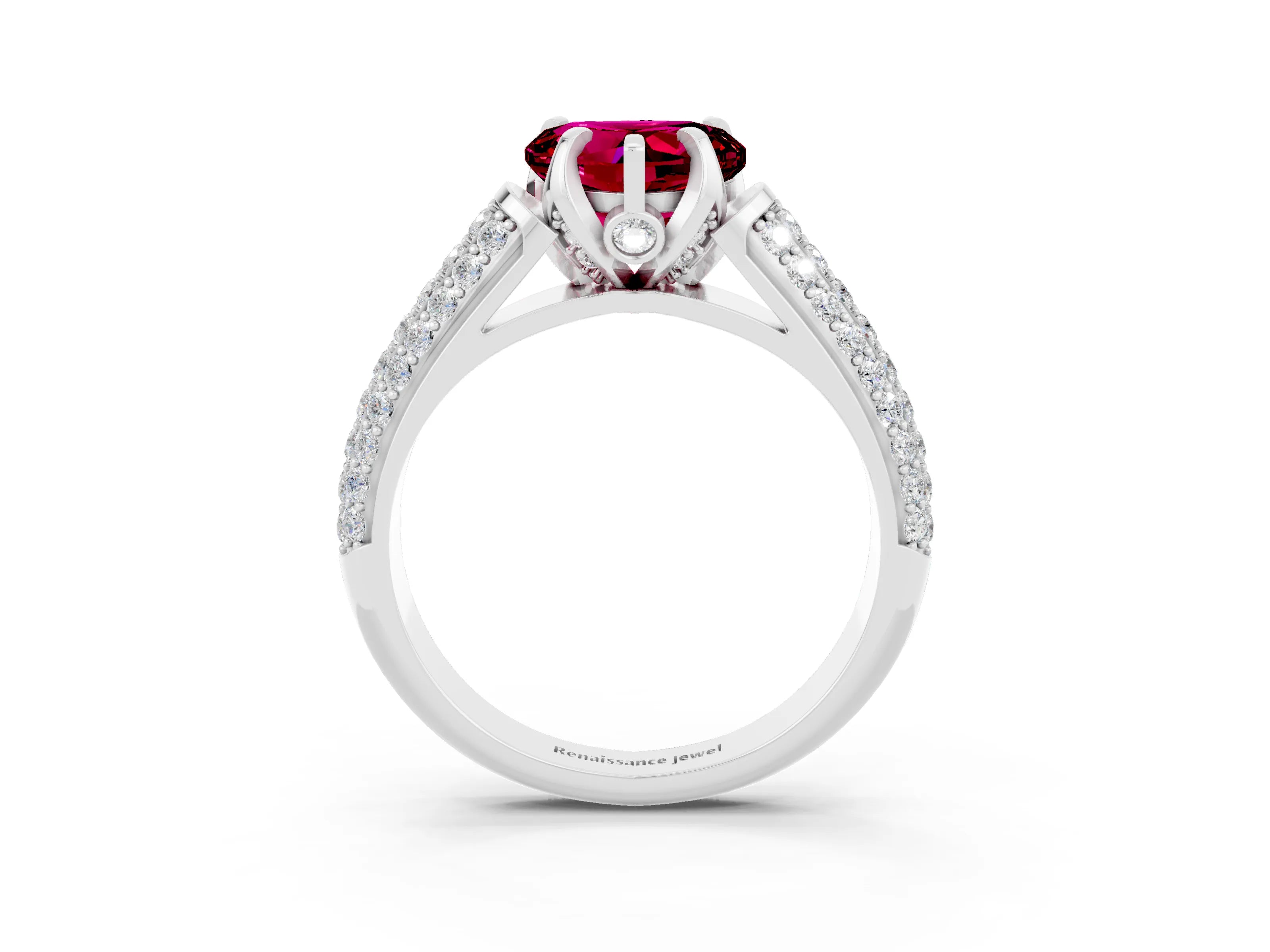 White gold Heart Cut Garnet Solitaire Ring with Three-Row Pavé Band and Four-Prong Setting_15