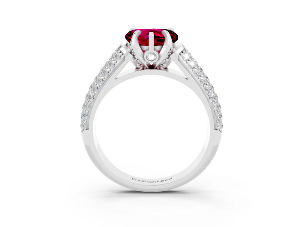 White gold Heart Cut Garnet Solitaire Ring with Three-Row Pavé Band and Four-Prong Setting