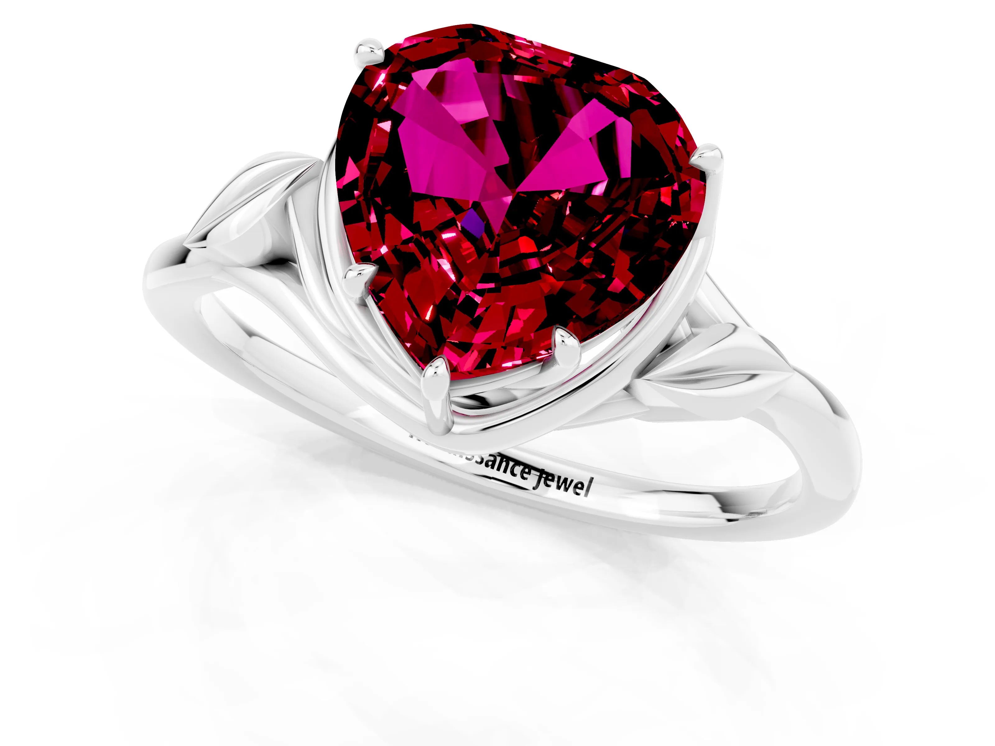 White gold Heart Cut Garnet Solitaire Ring with Twist Band and Four-Prong Setting_13