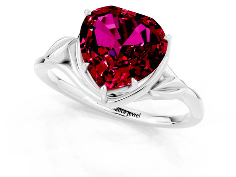 White gold Heart Cut Garnet Solitaire Ring with Twist Band and Four-Prong Setting_13