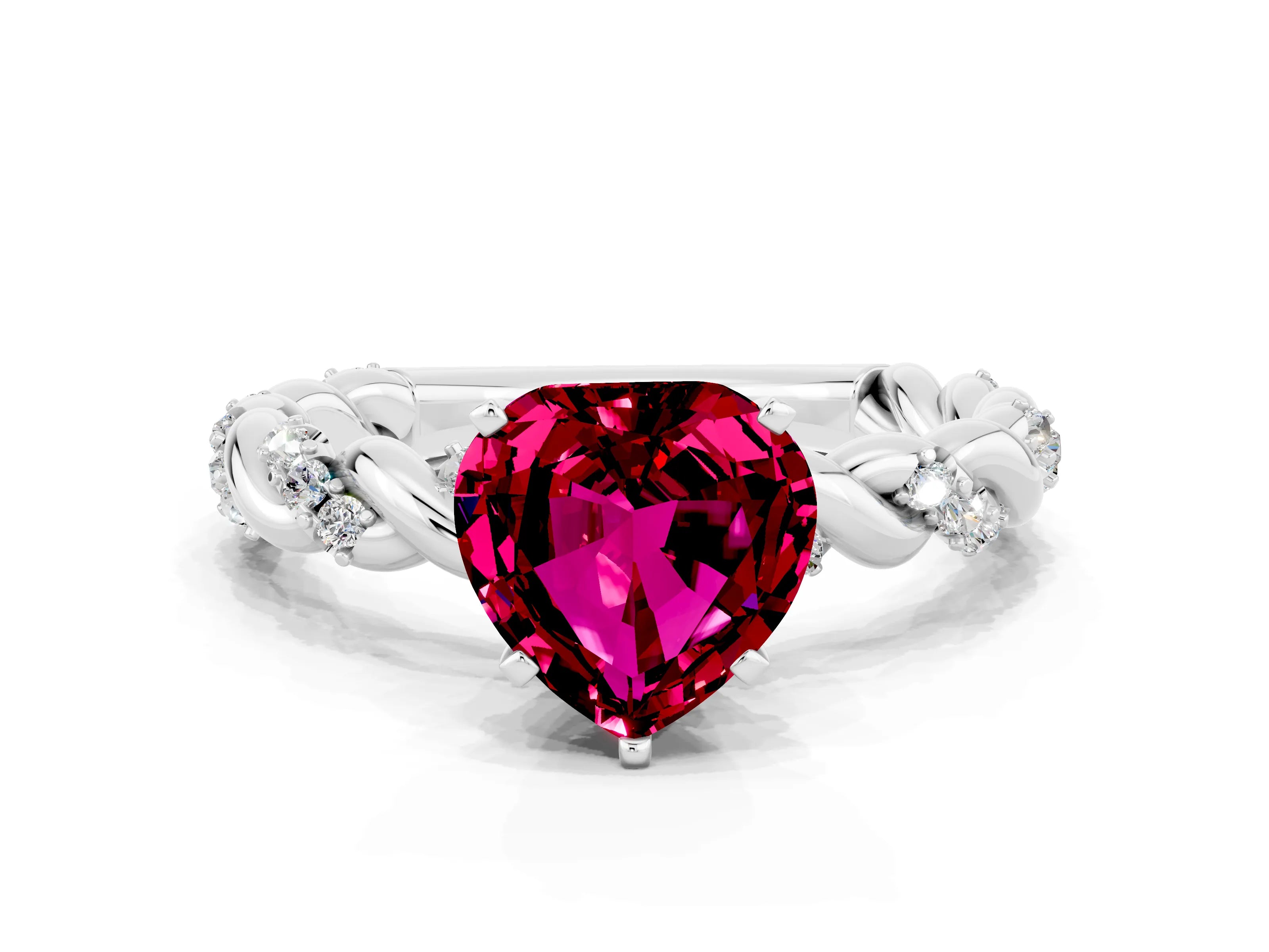 White gold Heart Cut Garnet Solitaire Ring with Twisted Band and Pavé Accents