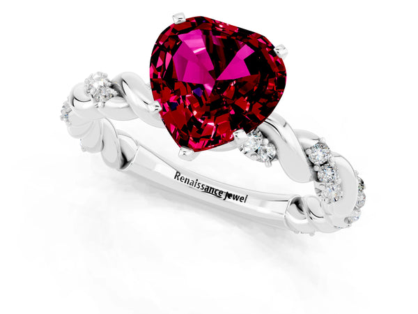 White gold Heart Cut Garnet Solitaire Ring with Twisted Band and Pavé Accents