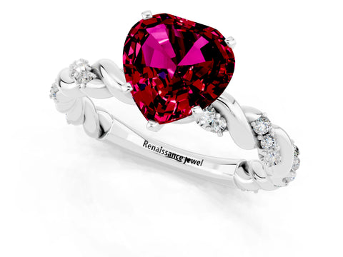 White gold Heart Cut Garnet Solitaire Ring with Twisted Band and Pavé Accents_1
