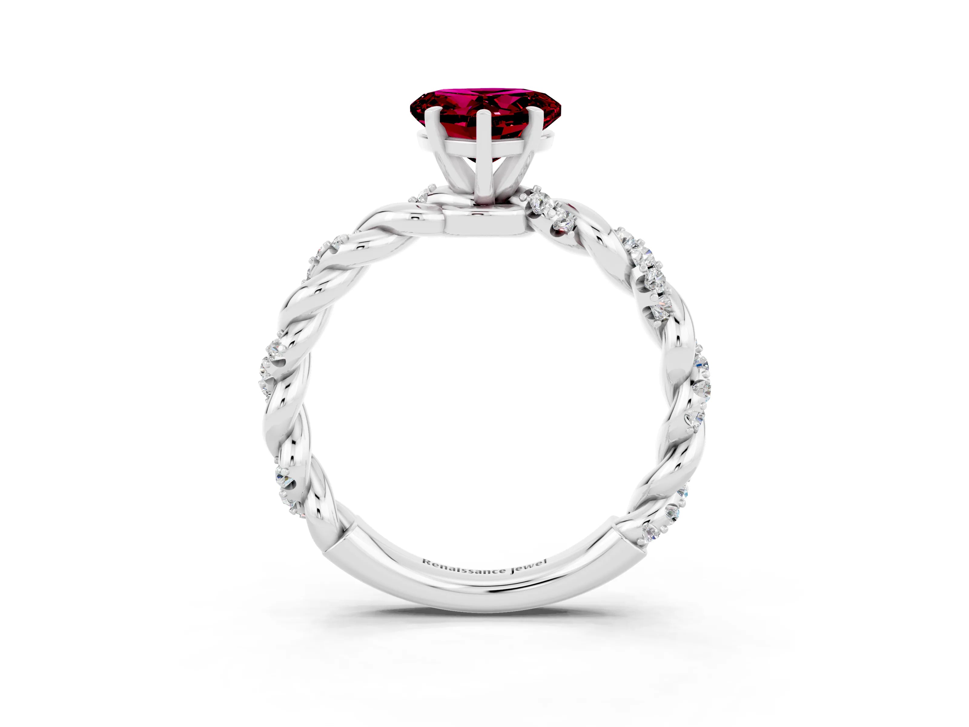 White gold Heart Cut Garnet Solitaire Ring with Twisted Band and Pavé Accents_3