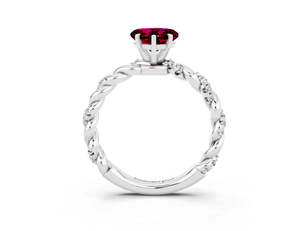 Platinum Heart Cut Garnet Solitaire Ring with Twisted Band and Pavé Accents
