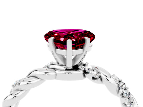 White gold Heart Cut Garnet Solitaire Ring with Twisted Band and Pavé Accents_4