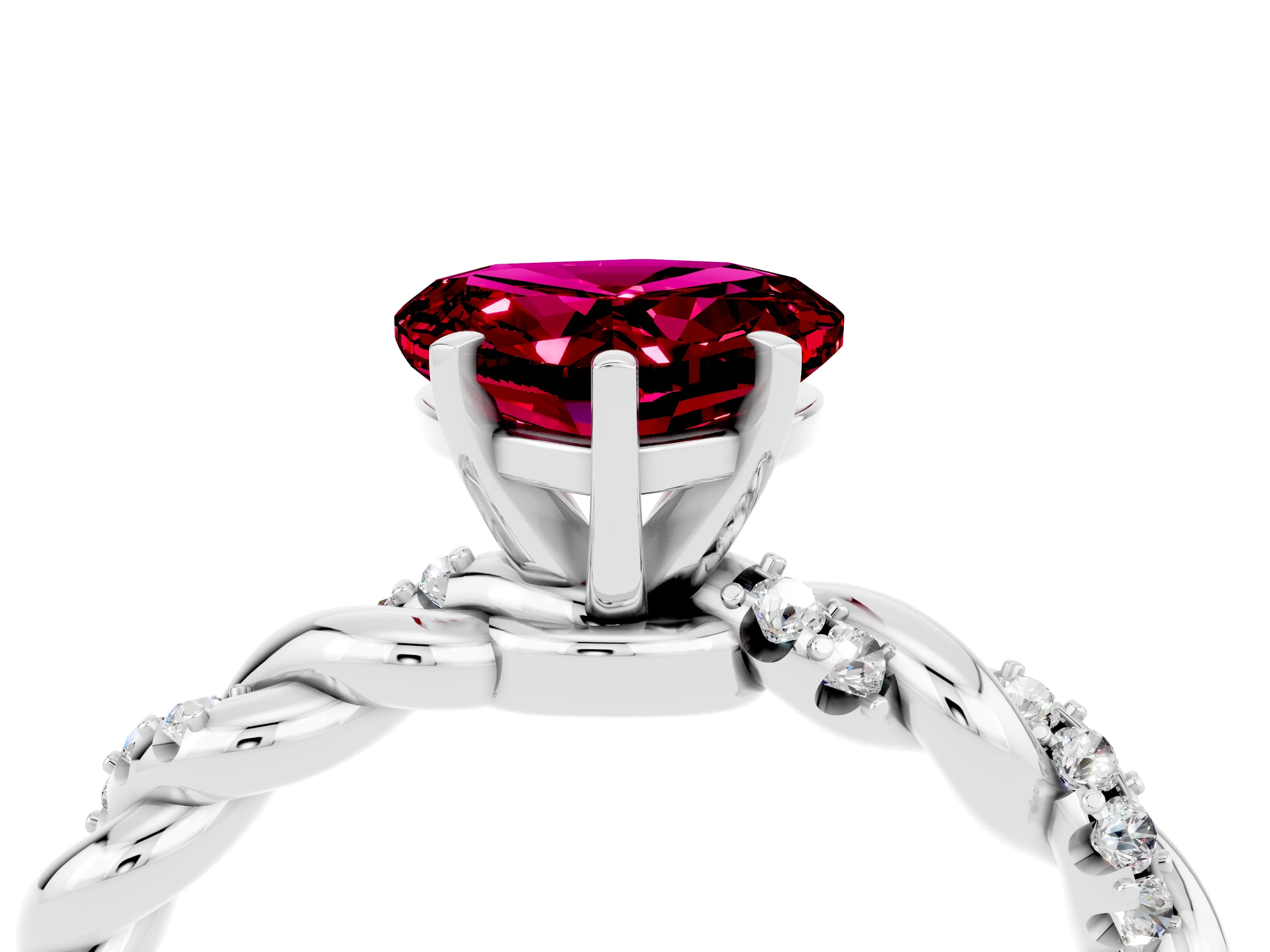 White gold Heart Cut Garnet Solitaire Ring with Twisted Band and Pavé Accents_4