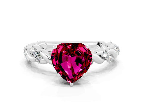 White gold Heart Cut Garnet Solitaire Ring with Twisted Band and Pavé Accents