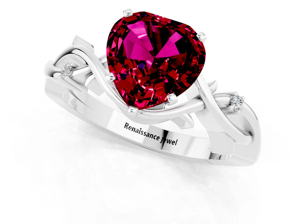 Platinum Heart Cut Garnet Solitaire Ring with Twisted Band and Prong Setting