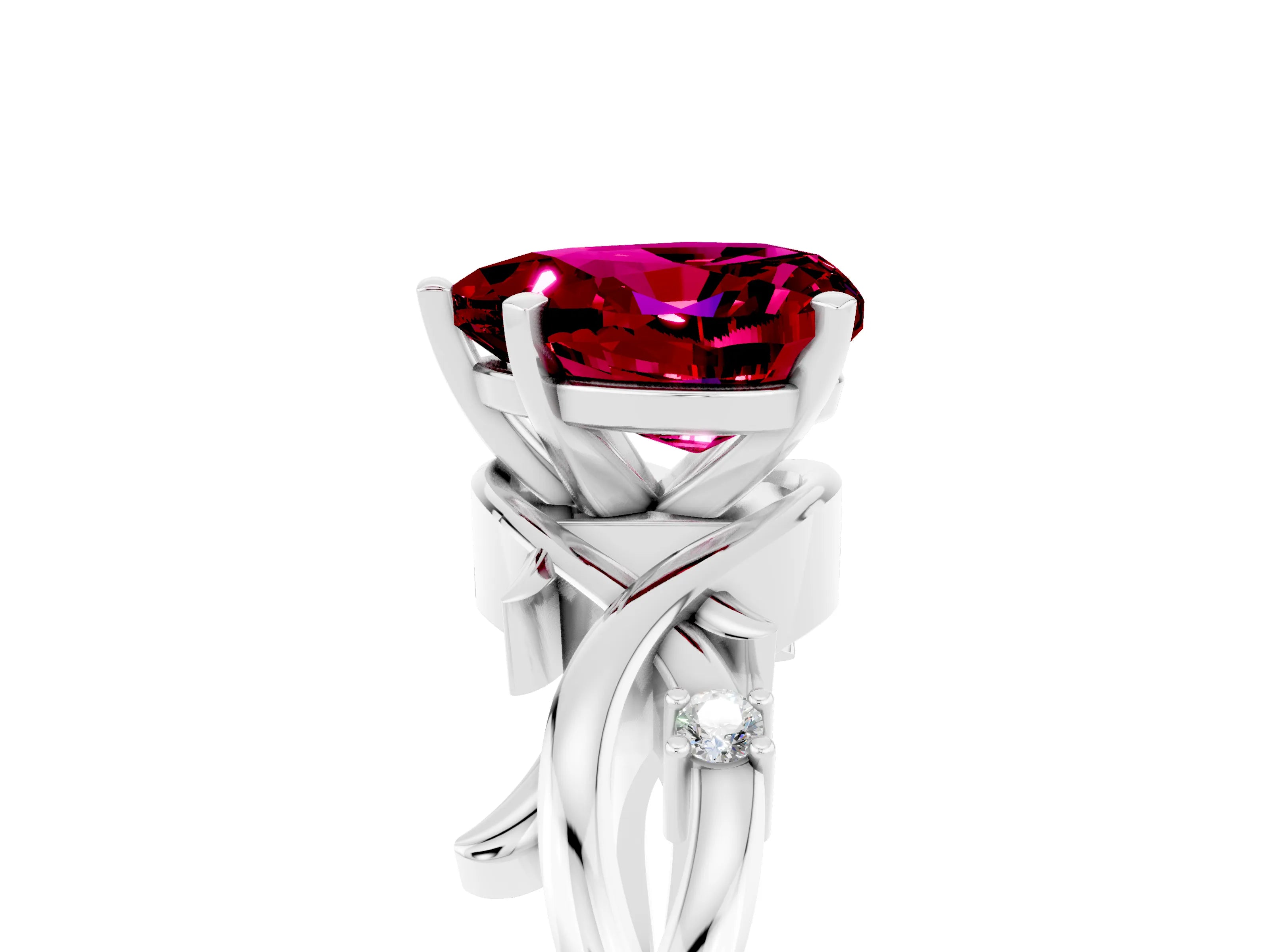 White gold Heart Cut Garnet Solitaire Ring with Twisted Band and Prong Setting_17