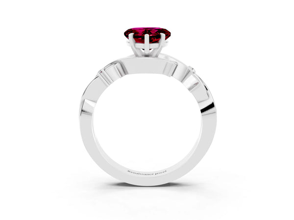 Platinum Heart Cut Garnet Solitaire Ring with Twisted Band and Prong Setting