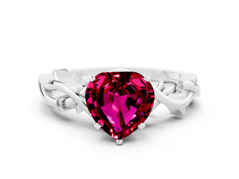 White gold Heart Cut Garnet Solitaire Ring with Twisted Band and Prong Setting